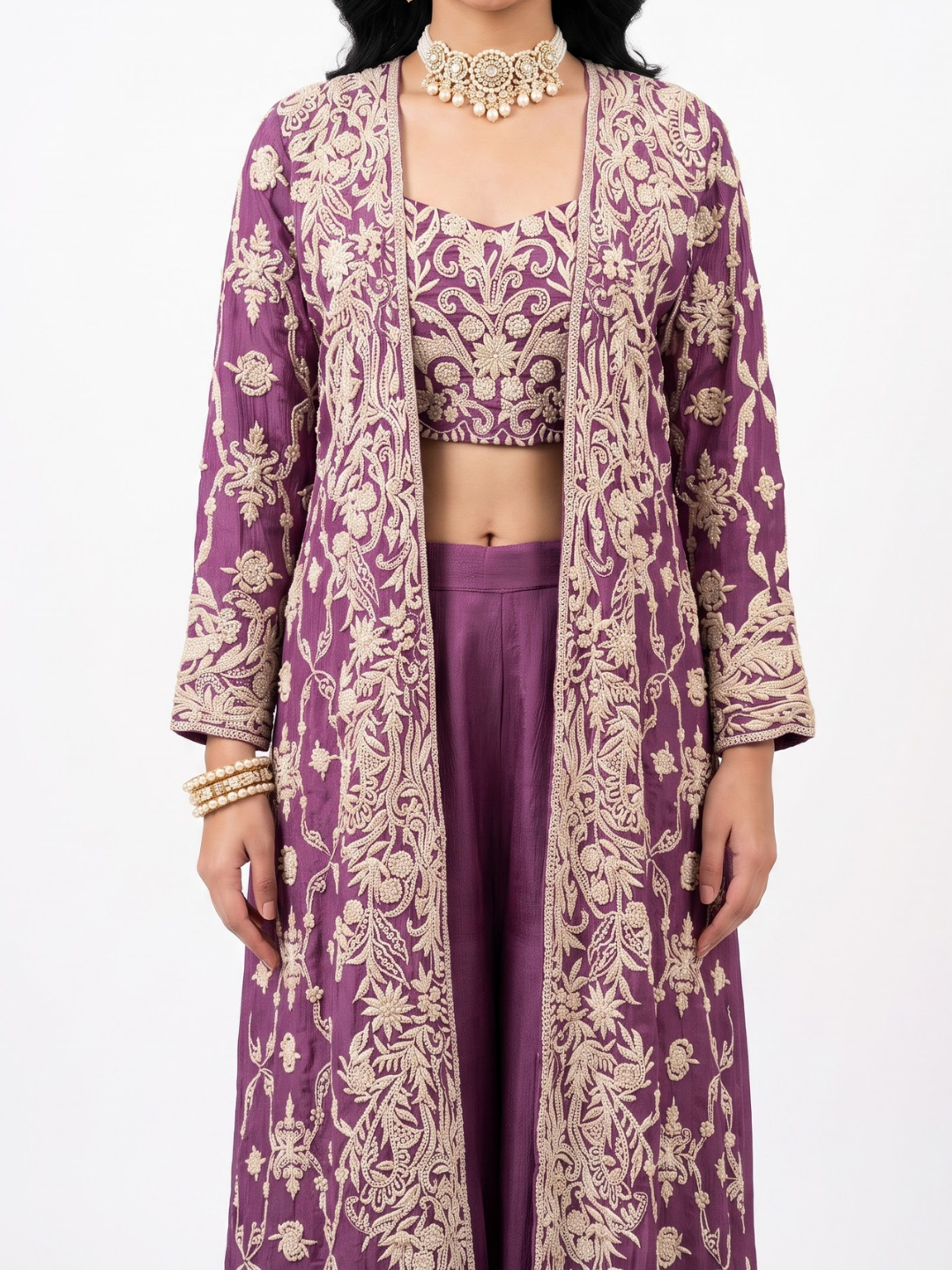 Mauve Chinon Indo Western with Thread and Pearl Embroidery 4