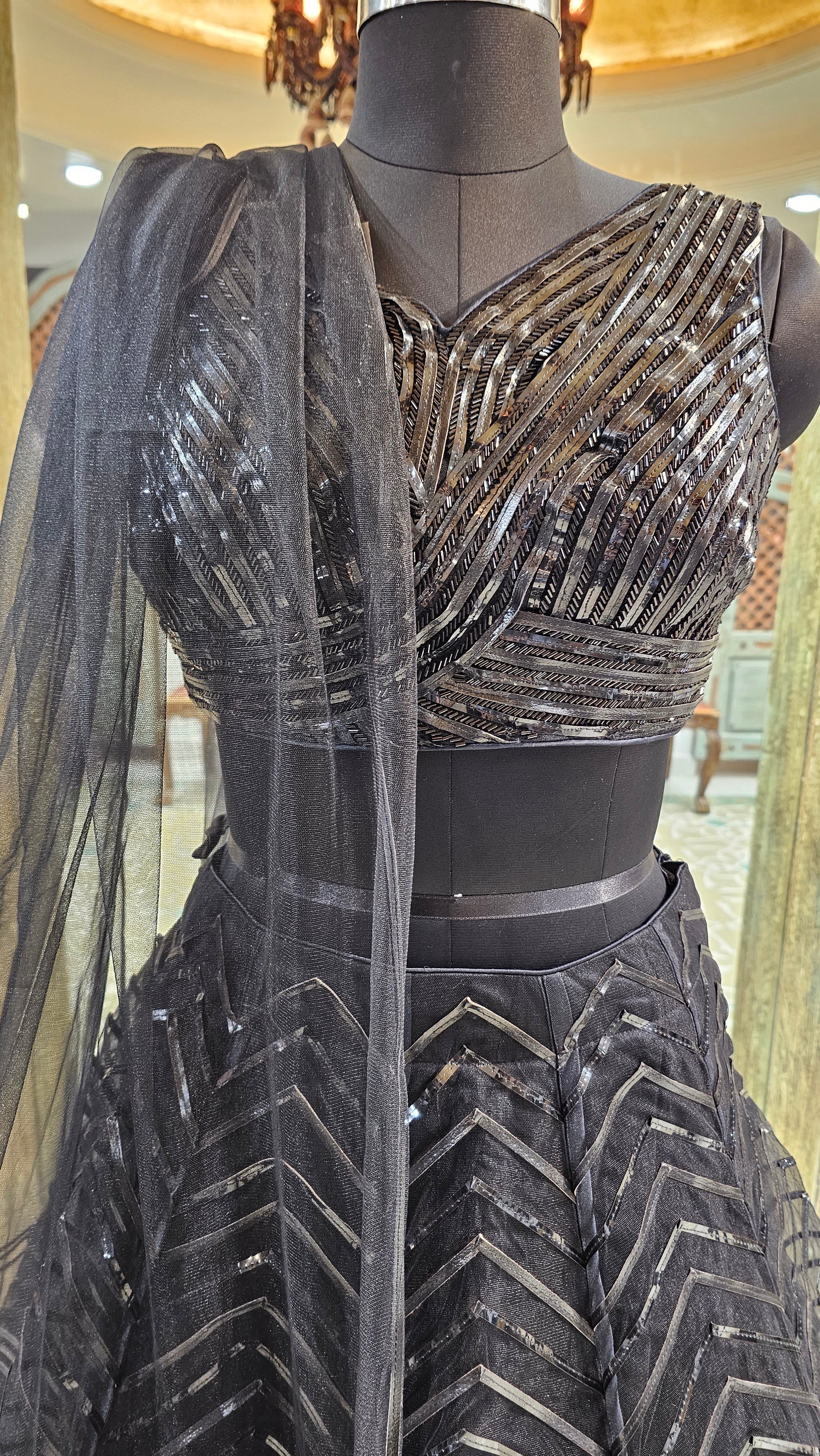 Black Net Lehenga Choli With Leather Work