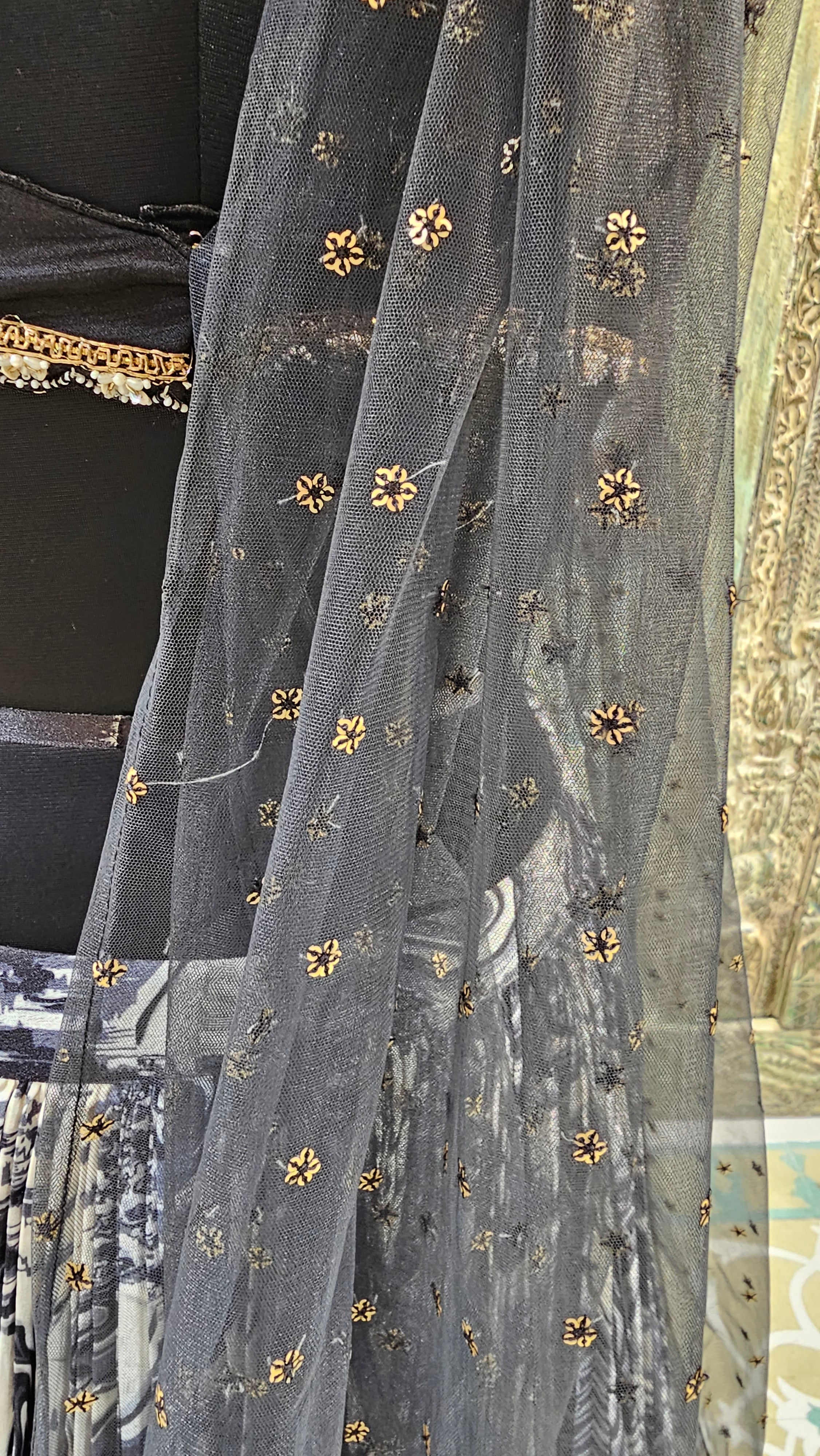Imported Fabric Lehenga Choli with Digital print, zari work, beads work, mirror work