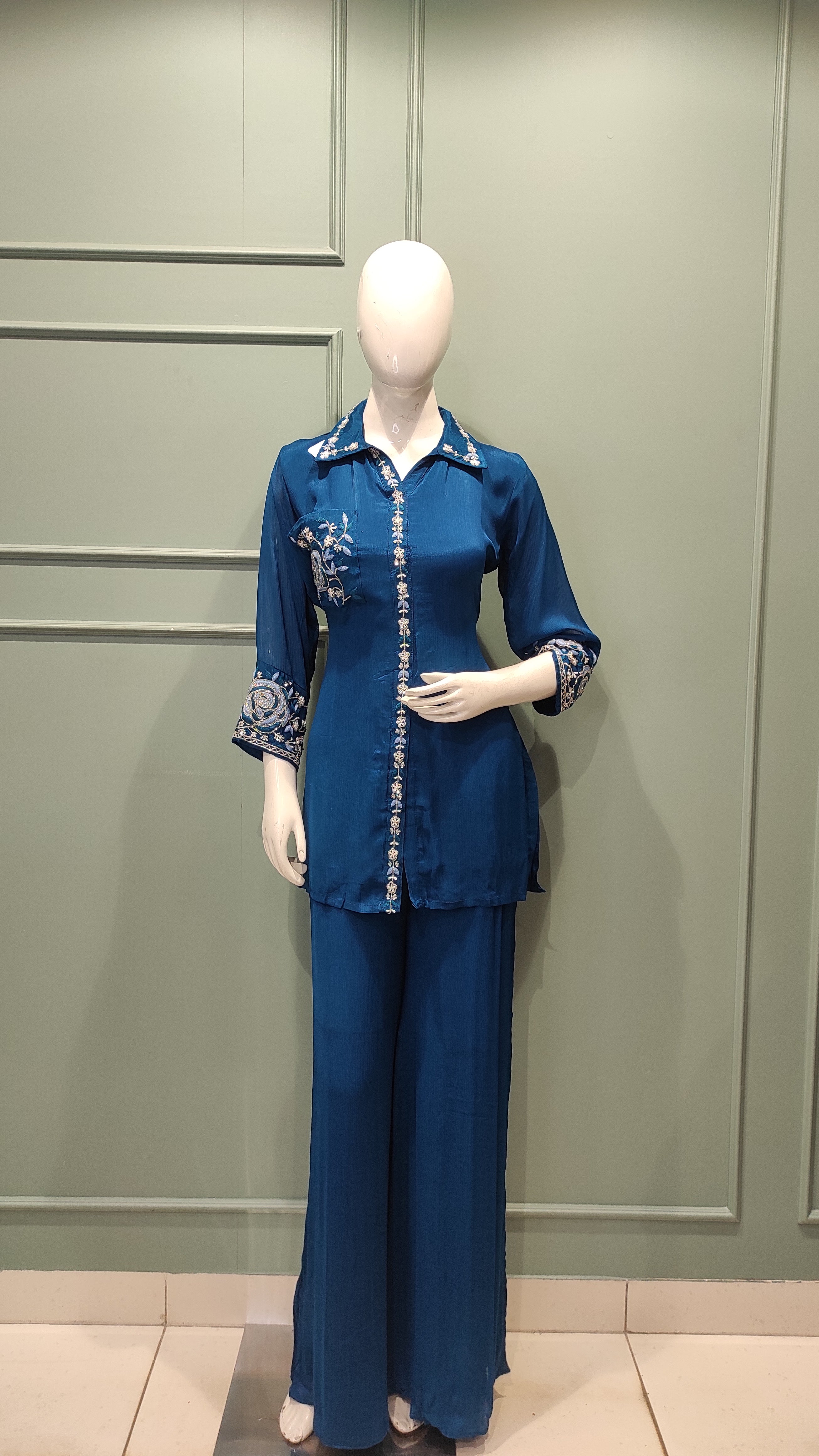 Blue Chinon Co ord Set with Hand Work