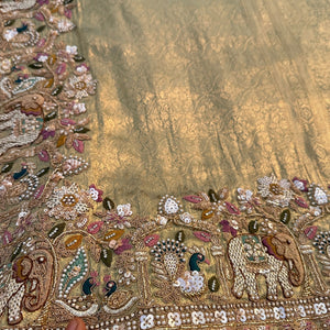 Green Brocade Unstitched Saree Embellished With Moti, Sequins, Cutdana, Thread& Jarkan Work