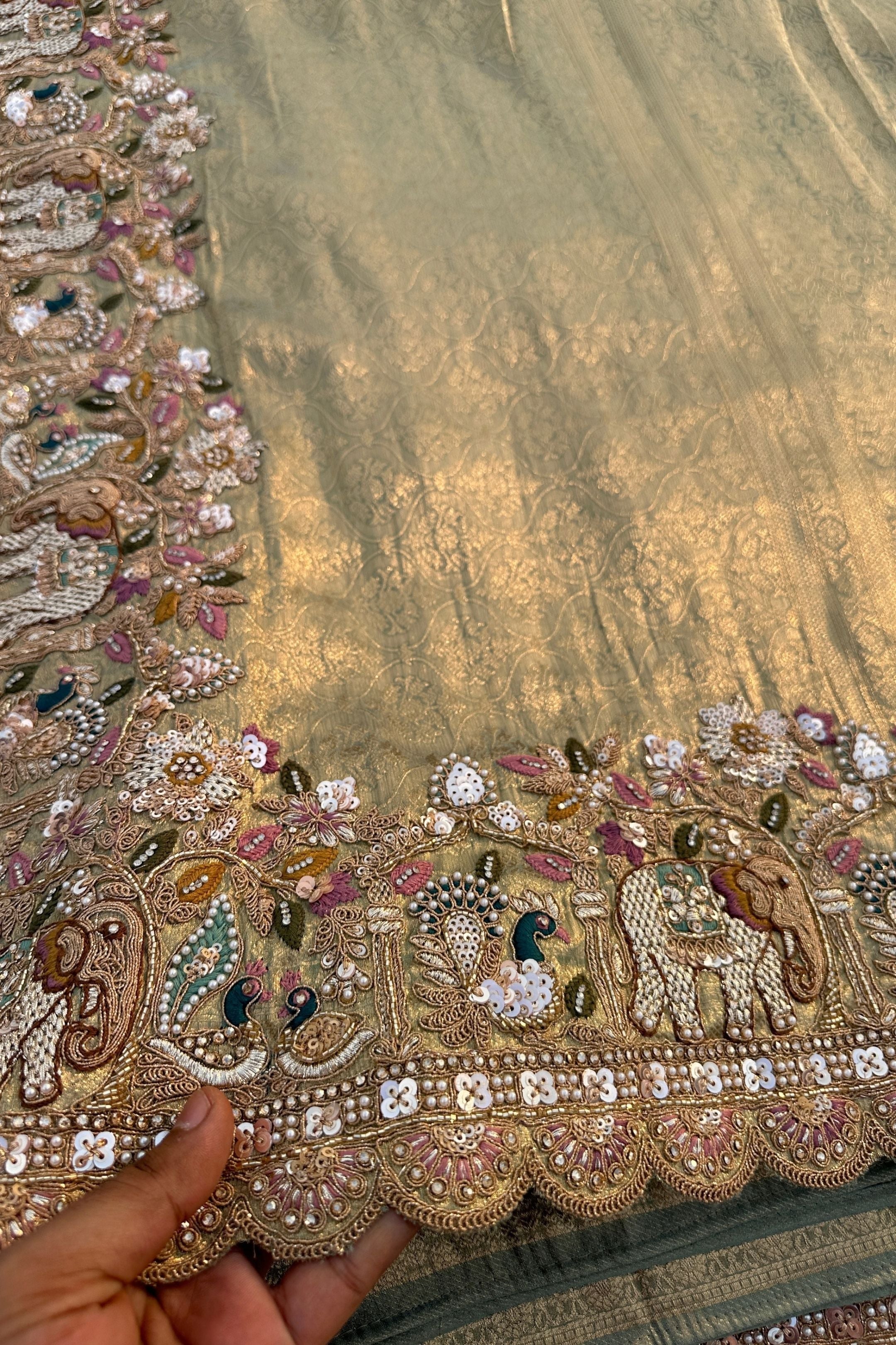 Green Brocade Unstitched Saree Embellished With Moti, Sequins, Cutdana, Thread& Jarkan Work