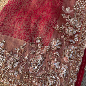 Fuchsia Tissue Saree Embellished With Cutdana, Sequins & Moti work
