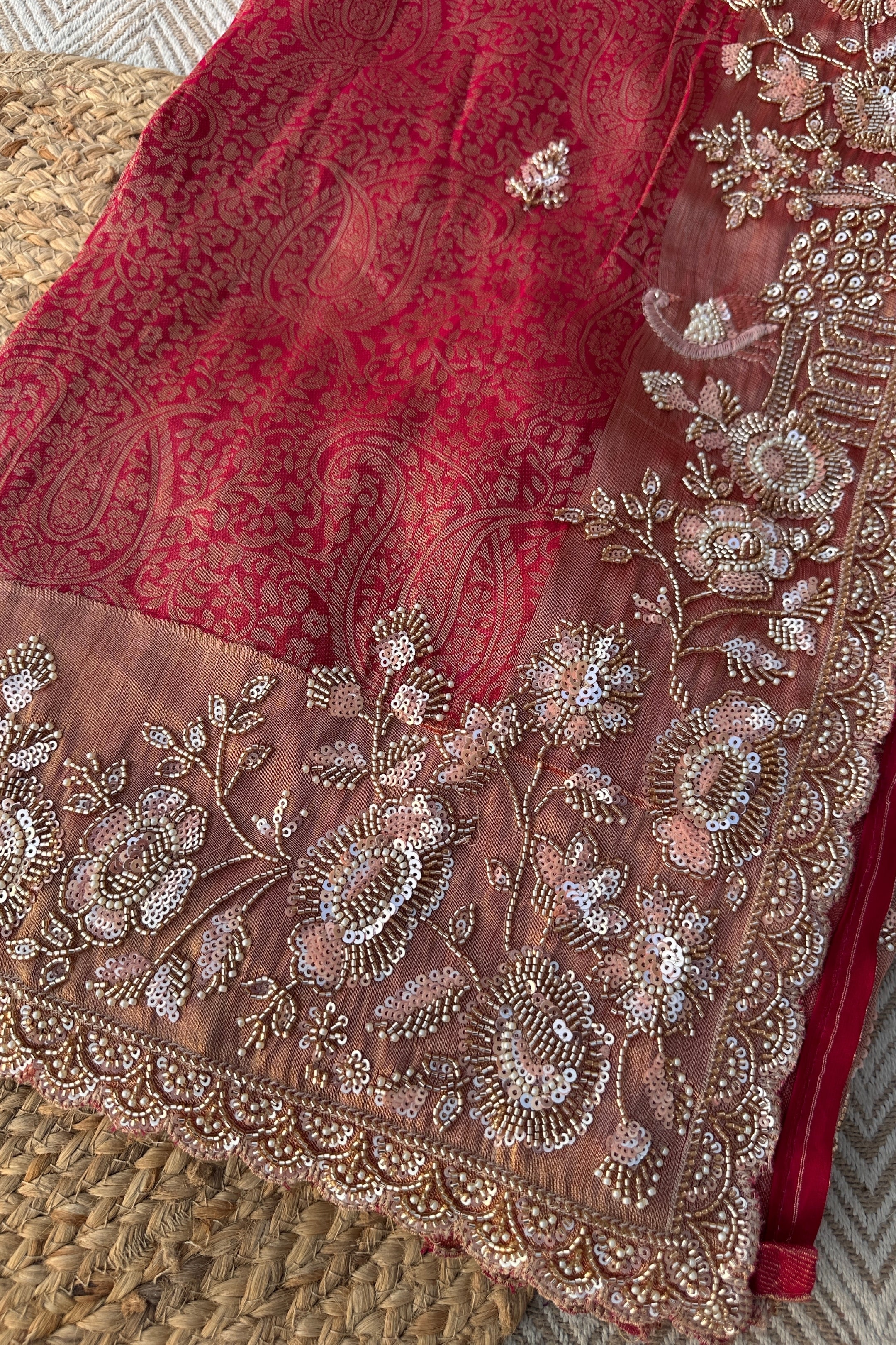 Fuchsia Tissue Saree Embellished With Cutdana, Sequins & Moti work