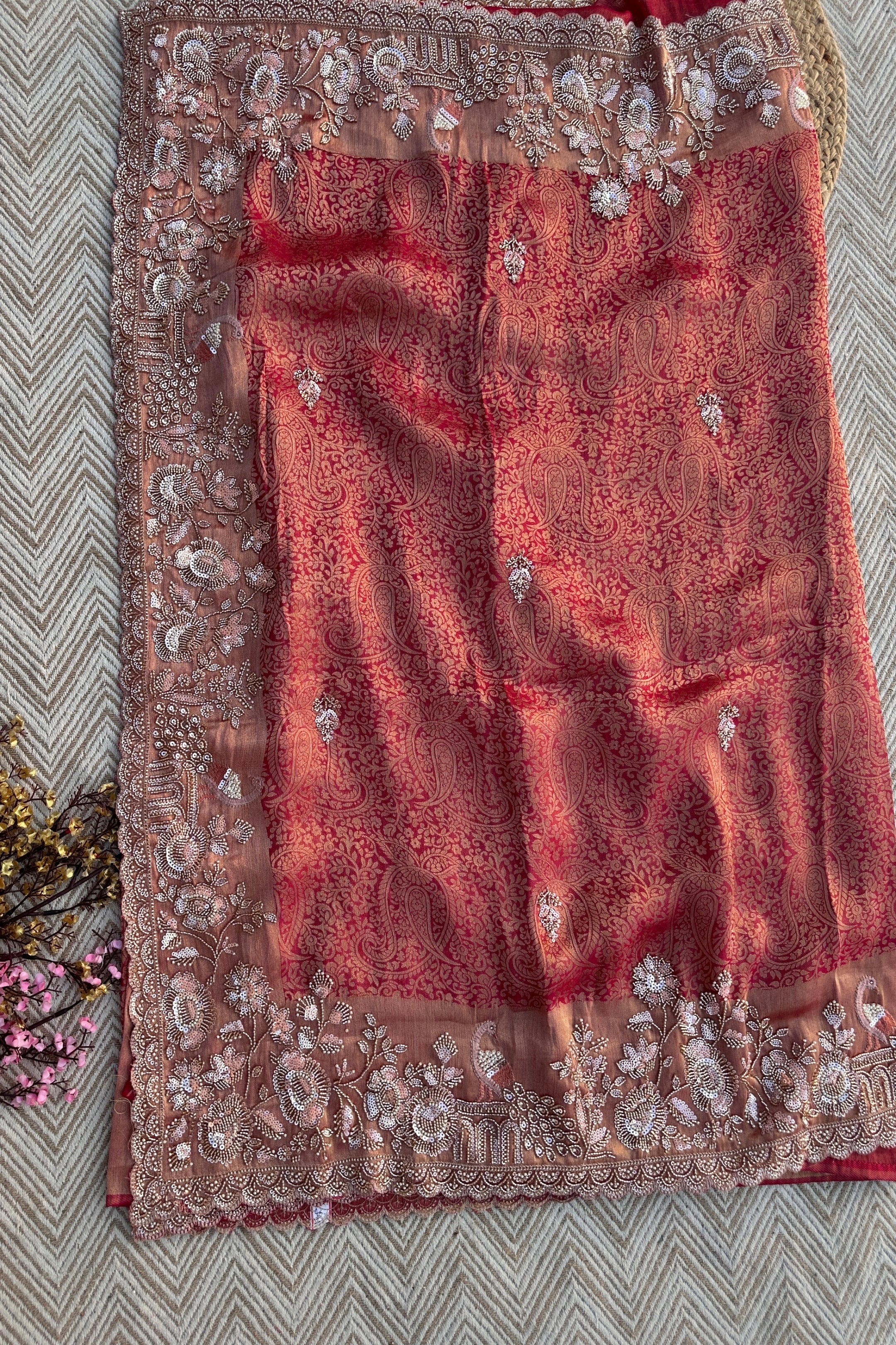 Fuchsia Tissue Saree Embellished With Cutdana, Sequins & Moti work