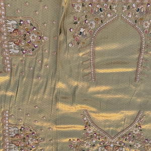 Green Brocade Unstitched Saree Embellished With Moti, Sequins, Cutdana, Thread& Jarkan Work