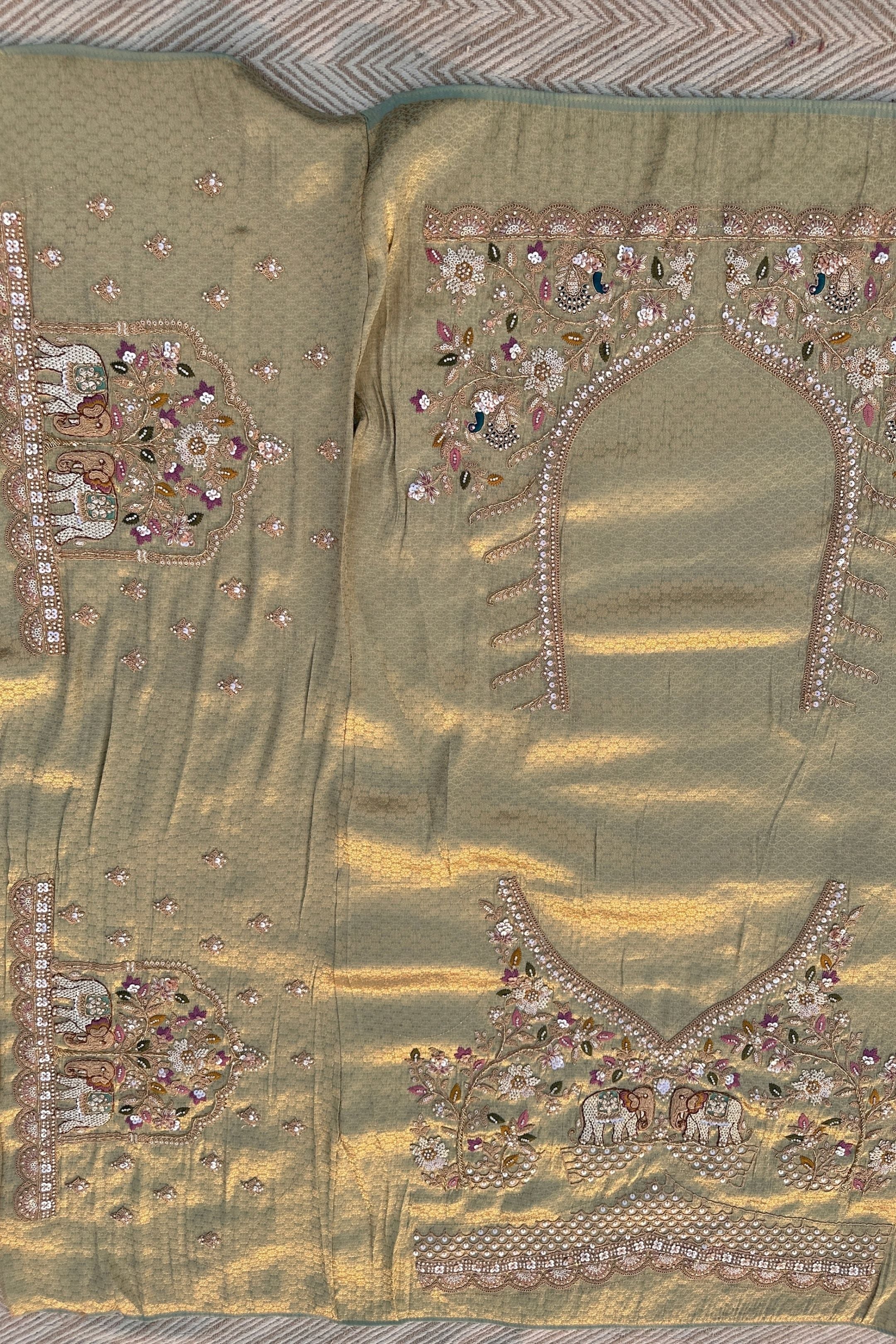 Green Brocade Unstitched Saree Embellished With Moti, Sequins, Cutdana, Thread& Jarkan Work