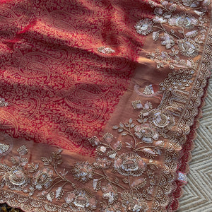 Fuchsia Tissue Saree Embellished With Cutdana, Sequins & Moti work