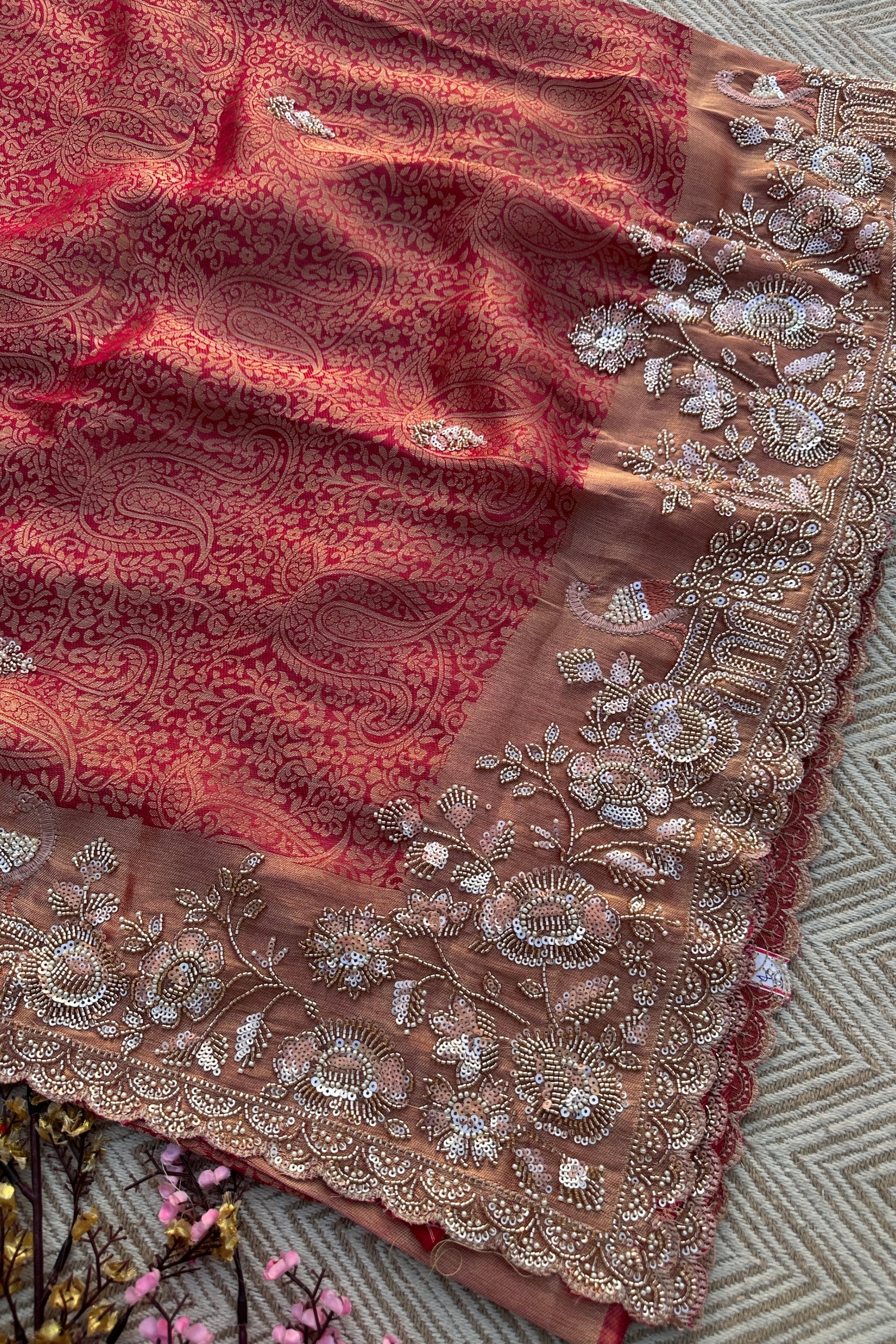 Fuchsia Tissue Saree Embellished With Cutdana, Sequins & Moti work