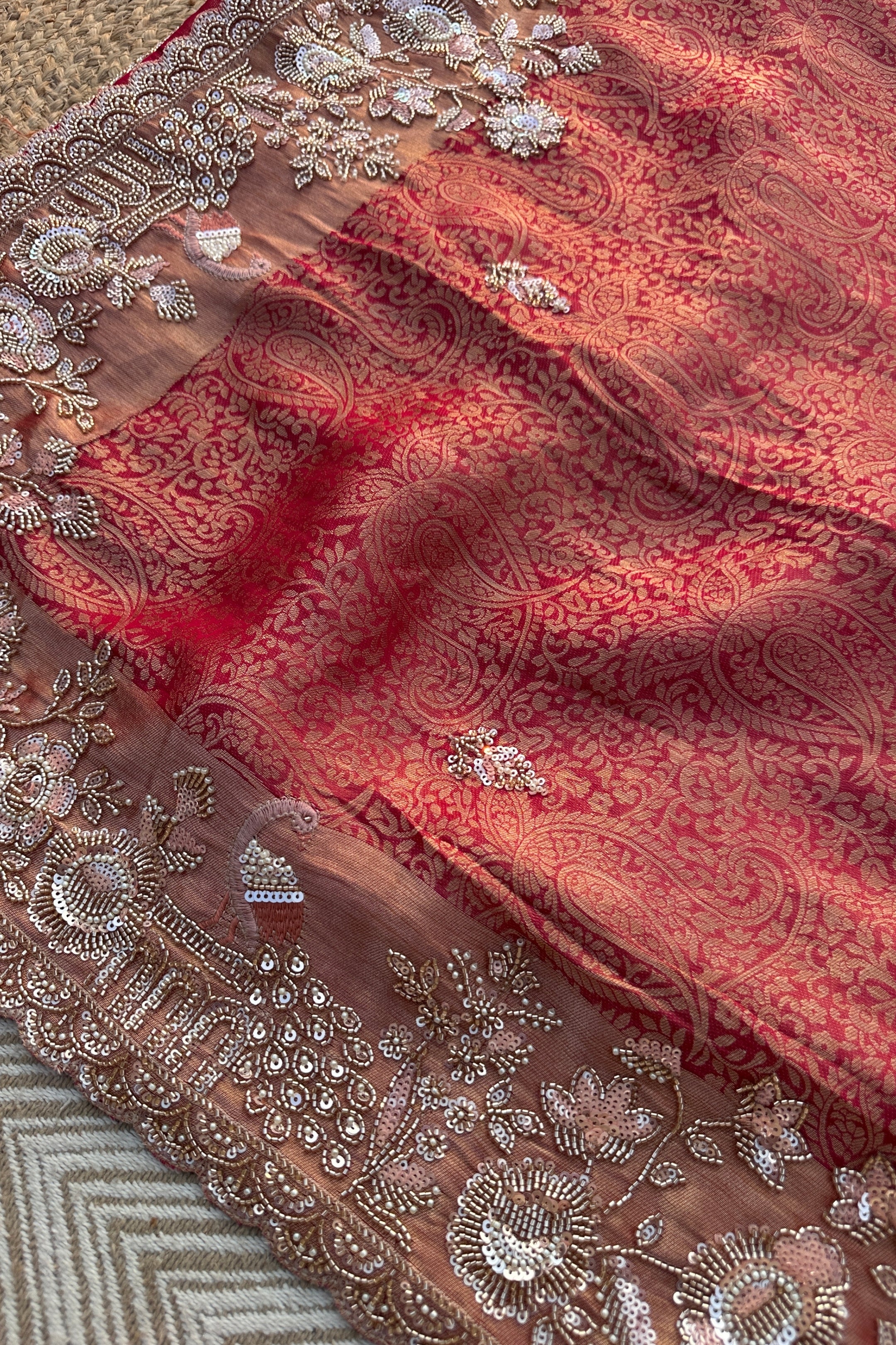 Fuchsia Tissue Saree Embellished With Cutdana, Sequins & Moti work