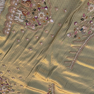 Green Brocade Unstitched Saree Embellished With Moti, Sequins, Cutdana, Thread& Jarkan Work