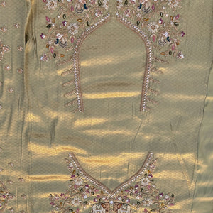 Green Brocade Unstitched Saree Embellished With Moti, Sequins, Cutdana, Thread& Jarkan Work
