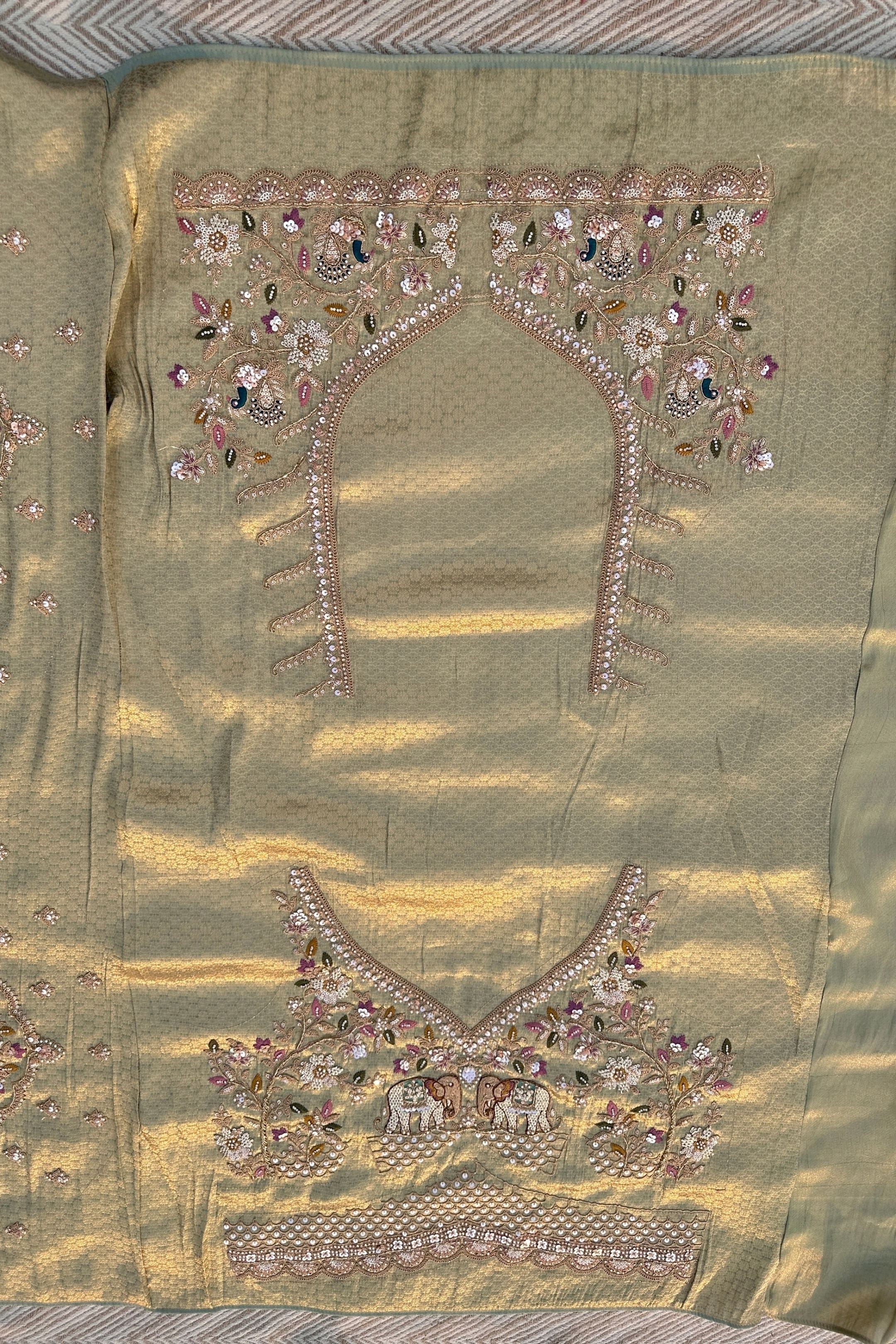 Green Brocade Unstitched Saree Embellished With Moti, Sequins, Cutdana, Thread& Jarkan Work