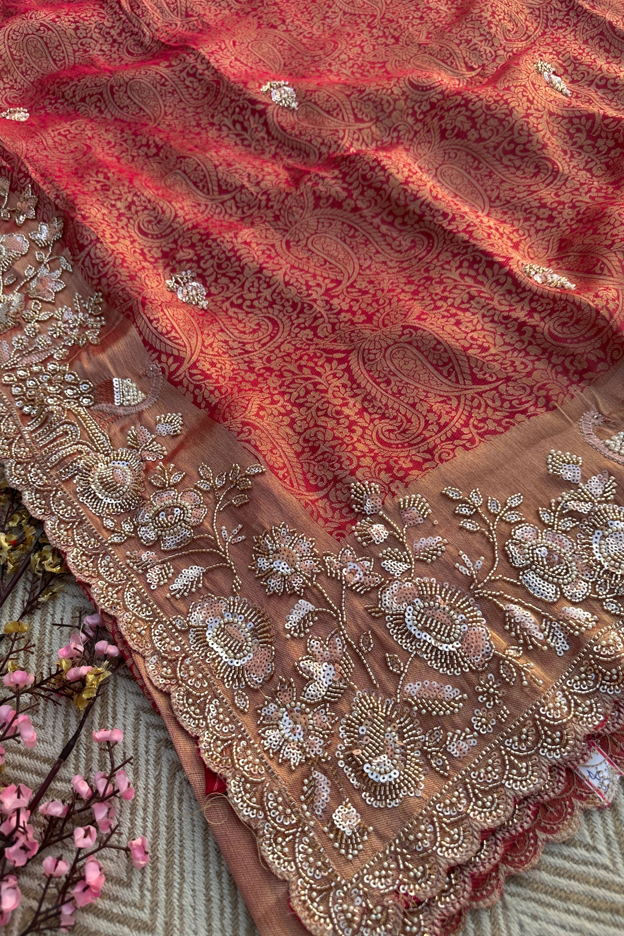 Fuchsia Tissue Saree Embellished With Cutdana, Sequins & Moti work