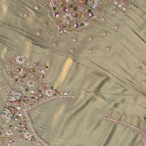 Green Brocade Unstitched Saree Embellished With Moti, Sequins, Cutdana, Thread& Jarkan Work