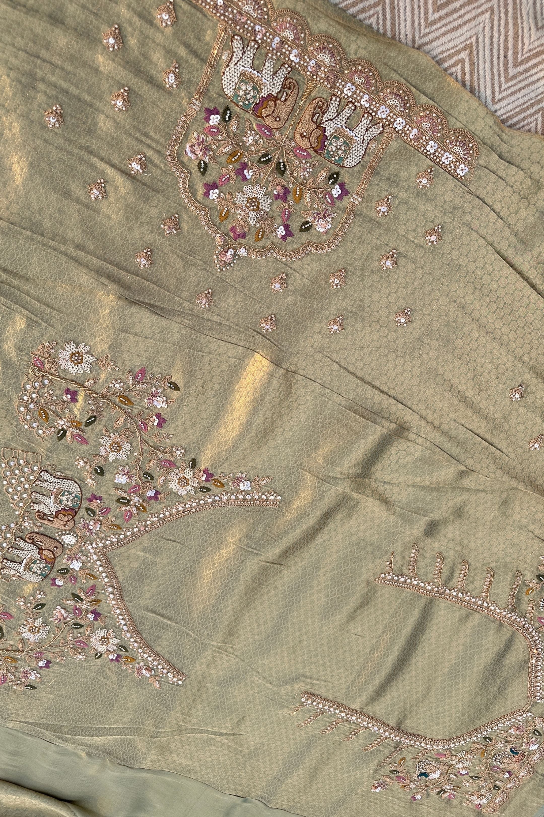 Green Brocade Unstitched Saree Embellished With Moti, Sequins, Cutdana, Thread& Jarkan Work