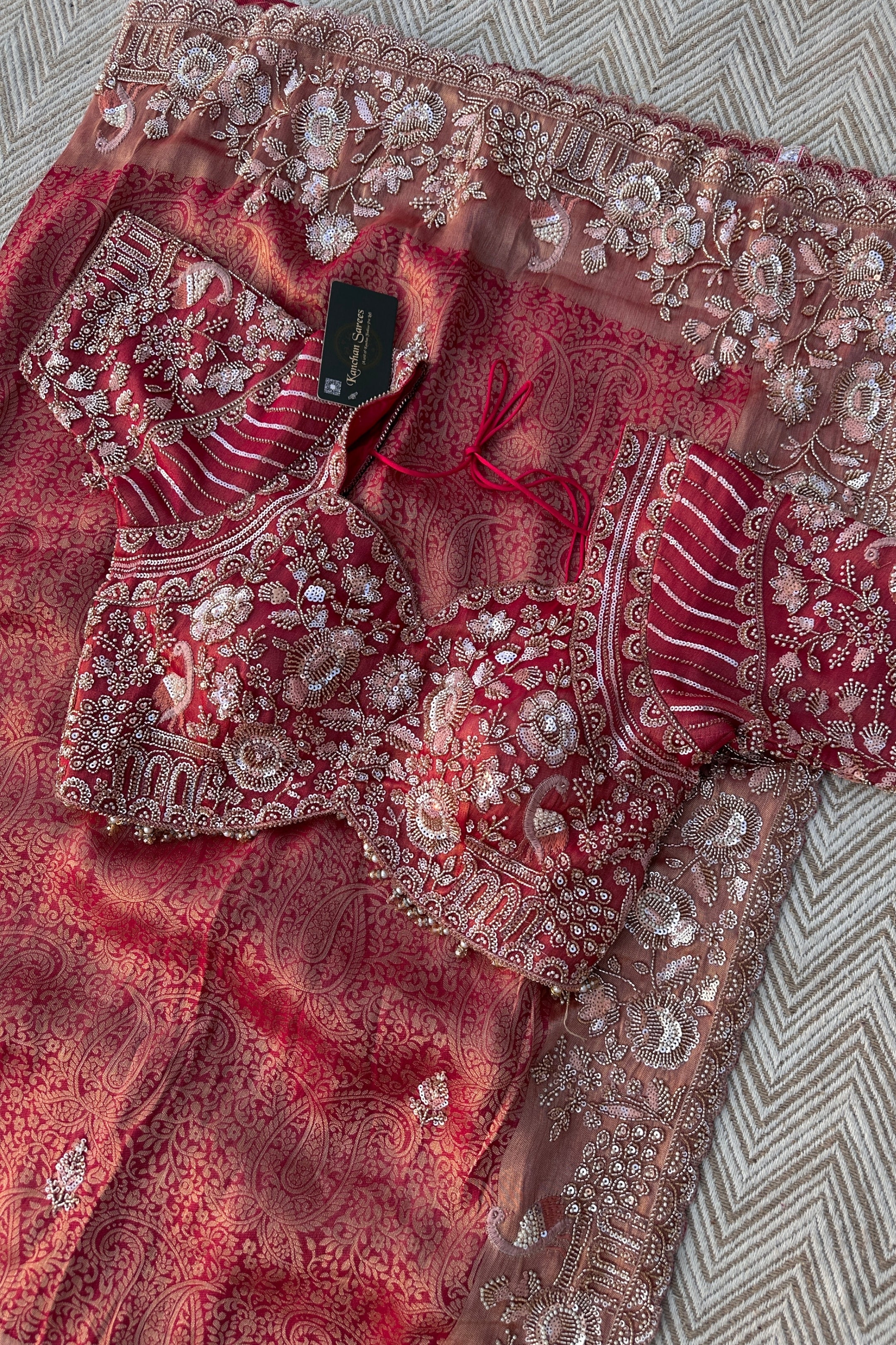 Fuchsia Tissue Saree Embellished With Cutdana, Sequins & Moti work