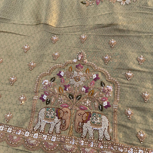 Green Brocade Unstitched Saree Embellished With Moti, Sequins, Cutdana, Thread& Jarkan Work