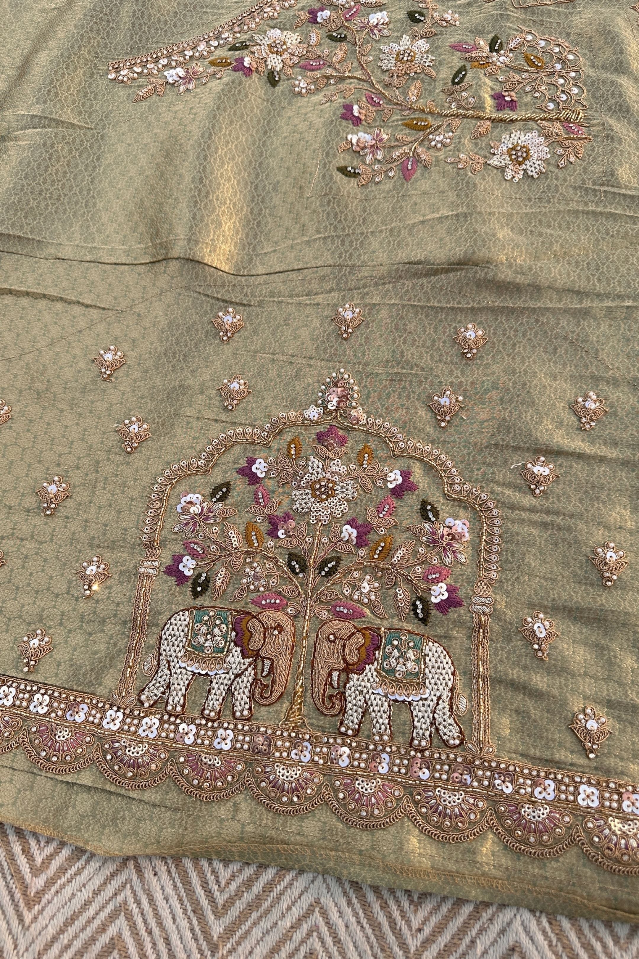 Green Brocade Unstitched Saree Embellished With Moti, Sequins, Cutdana, Thread& Jarkan Work