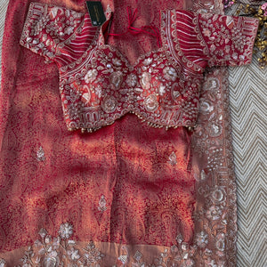 Fuchsia Tissue Saree Embellished With Cutdana, Sequins & Moti work