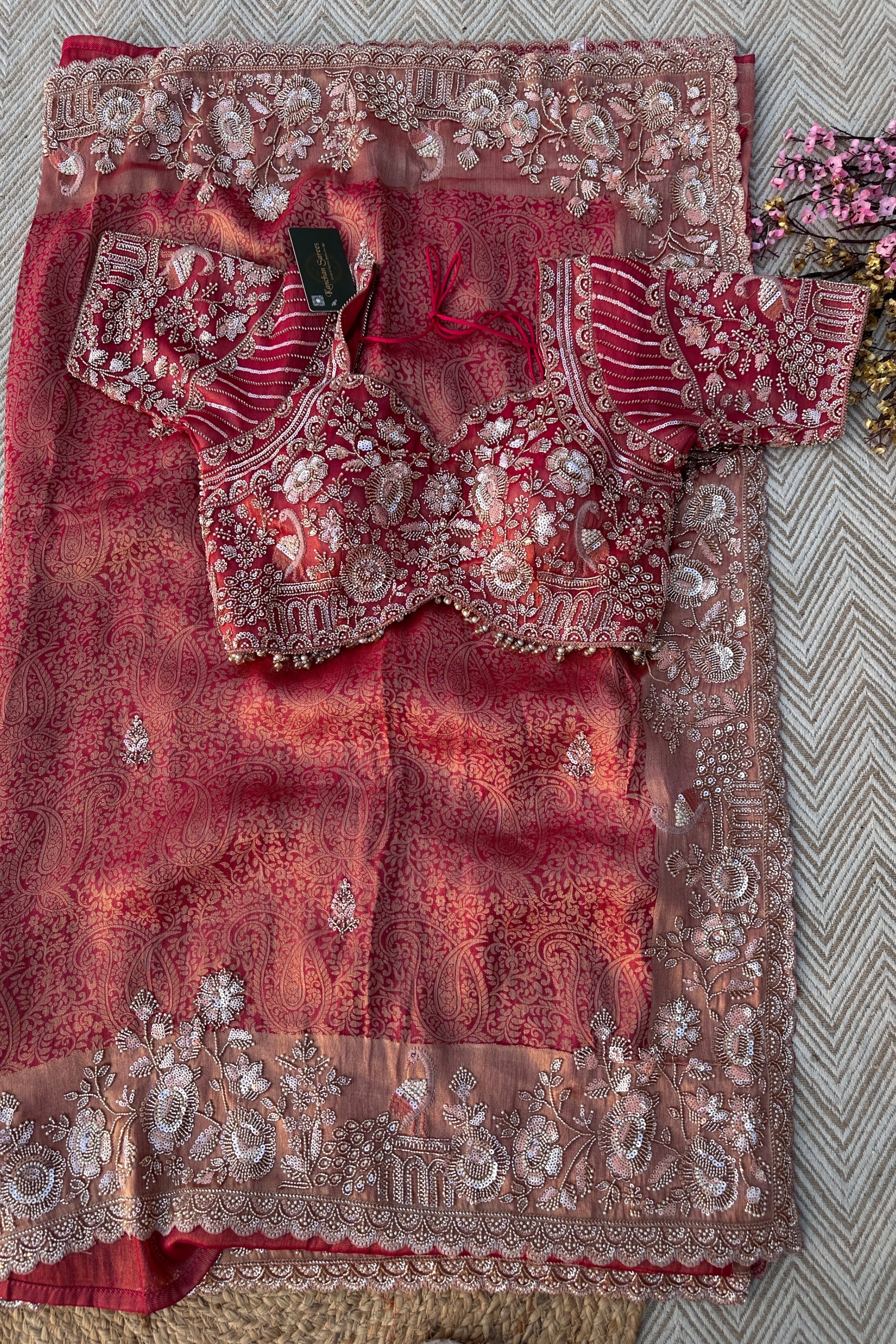 Fuchsia Tissue Saree Embellished With Cutdana, Sequins & Moti work