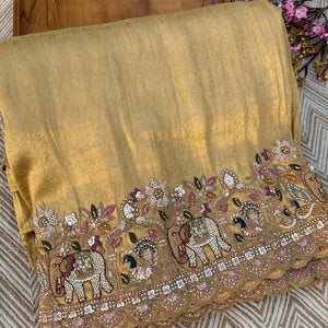Green Brocade Unstitched Saree Embellished With Moti, Sequins, Cutdana, Thread& Jarkan Work