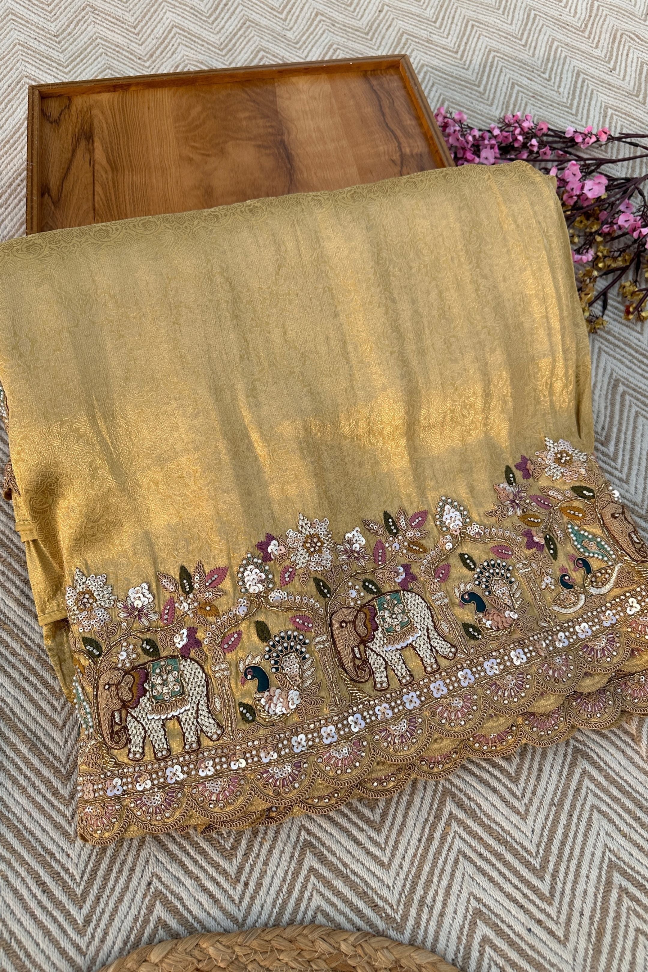 Green Brocade Unstitched Saree Embellished With Moti, Sequins, Cutdana, Thread& Jarkan Work