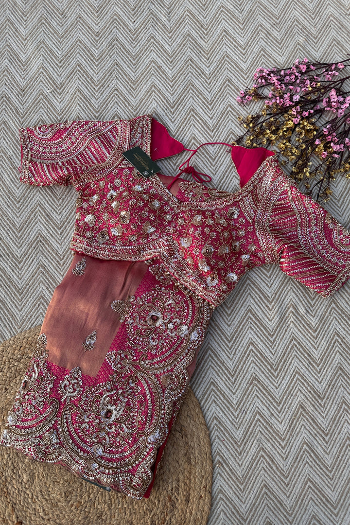 Fuchsia Brocade Saree Embellished With Cutdana, Sequins & Moti work