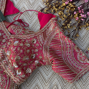 Fuchsia Brocade Saree Embellished With Cutdana, Sequins & Moti work