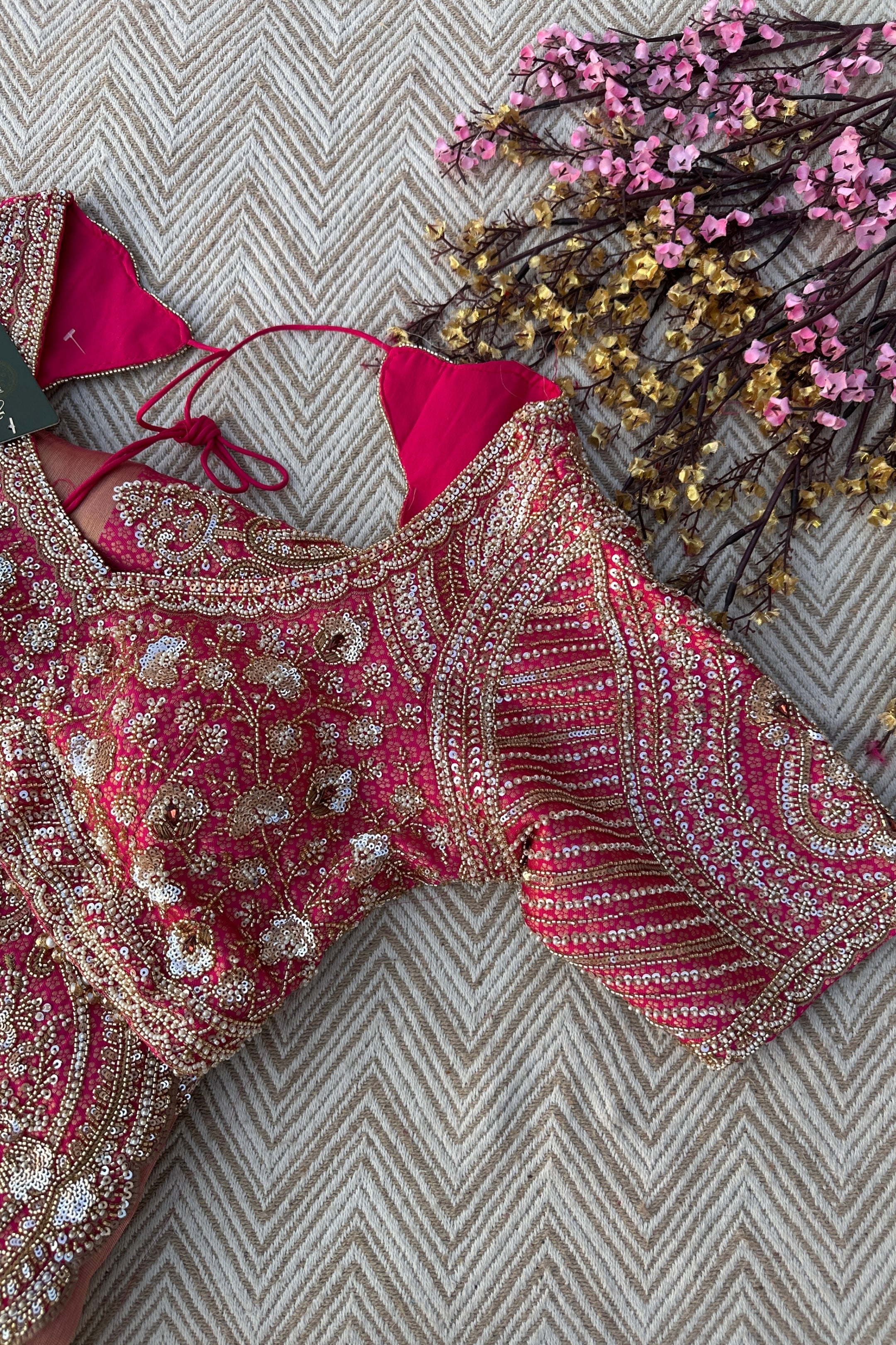 Fuchsia Brocade Saree Embellished With Cutdana, Sequins & Moti work