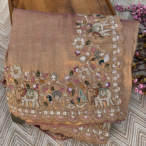 Green Brocade Unstitched Saree Embellished With Moti, Sequins, Cutdana, Thread& Jarkan Work