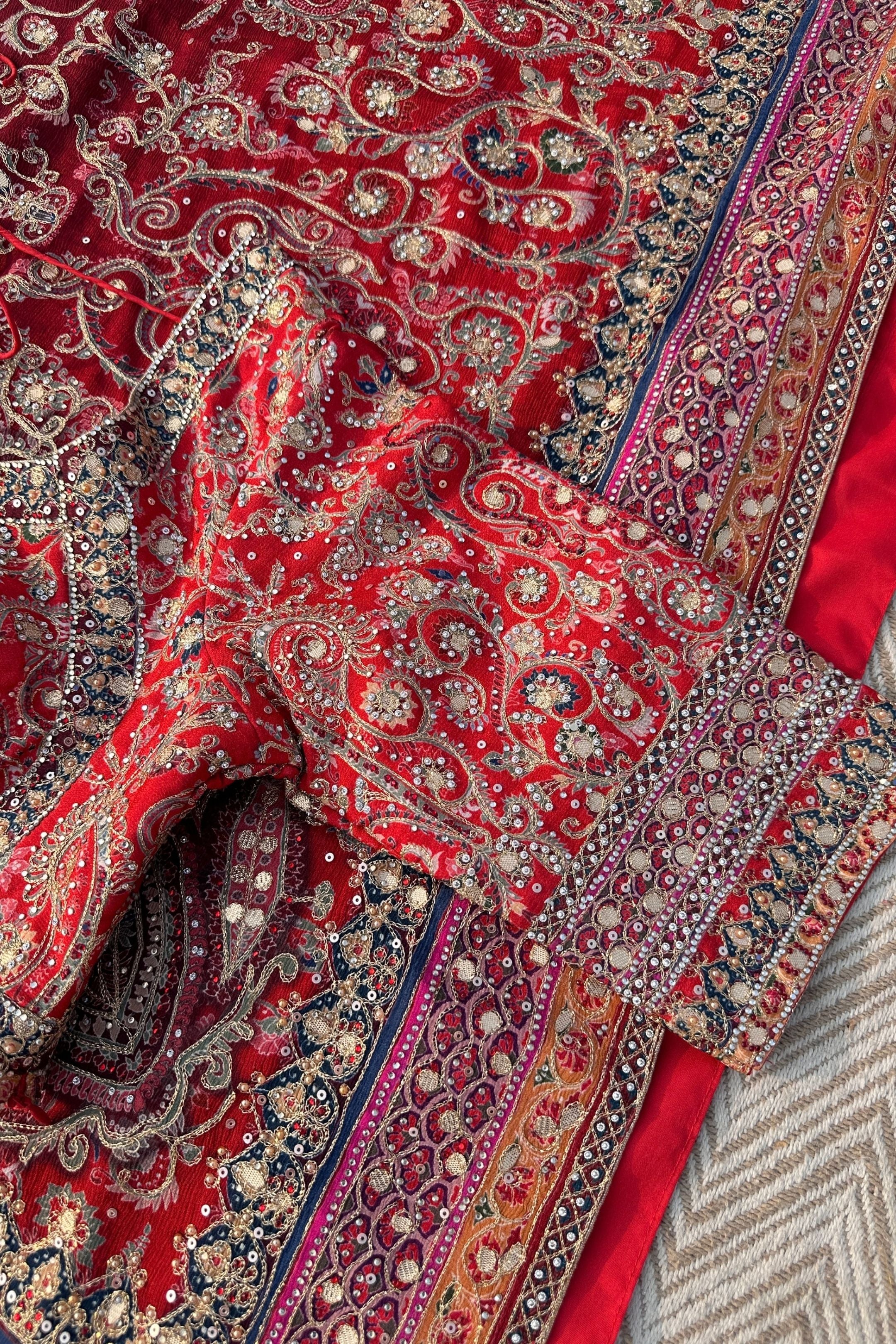 Maroon Chinon Saree Embellished With Zari, Swarovski & Chandla Work