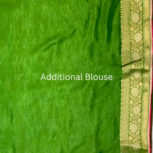 Green Banarasi Silk Saree with Stitched Pink Blouse and Weaving Work
