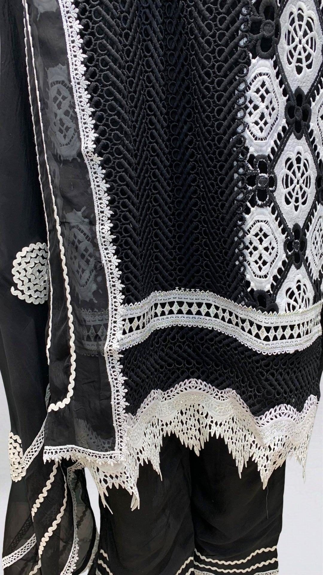 Black Muslin Set with Stone & Lace Detailing
