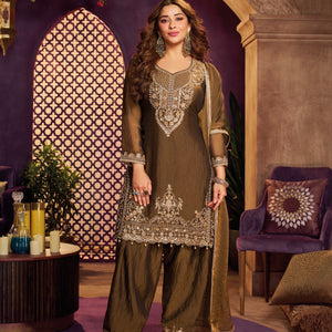 Coffee Tissue Suit, Farshi Salwar And Dupatta with Cutdana, Sequins and Zari Work