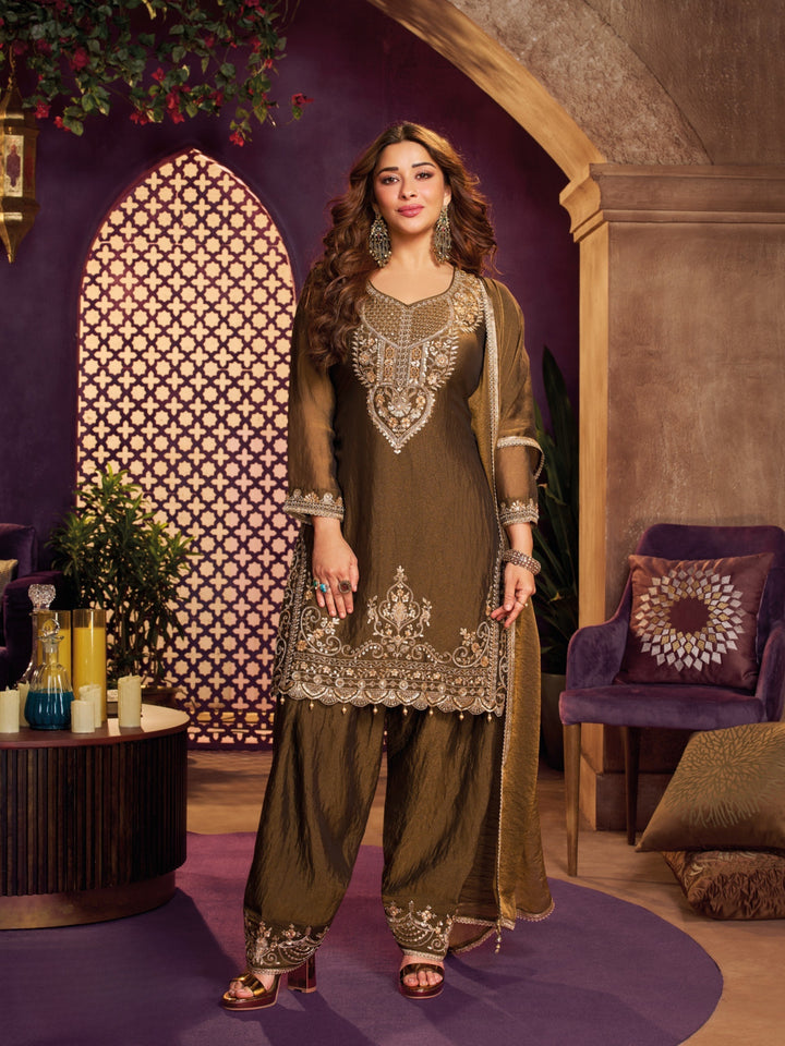 Coffee Tissue Suit, Farshi Salwar And Dupatta with Cutdana, Sequins and Zari Work