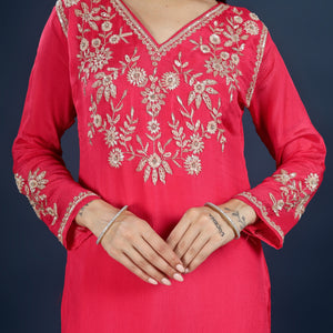 Red Chinon Palazzo Suit Set with Cutdana and Sequins Embroidery
