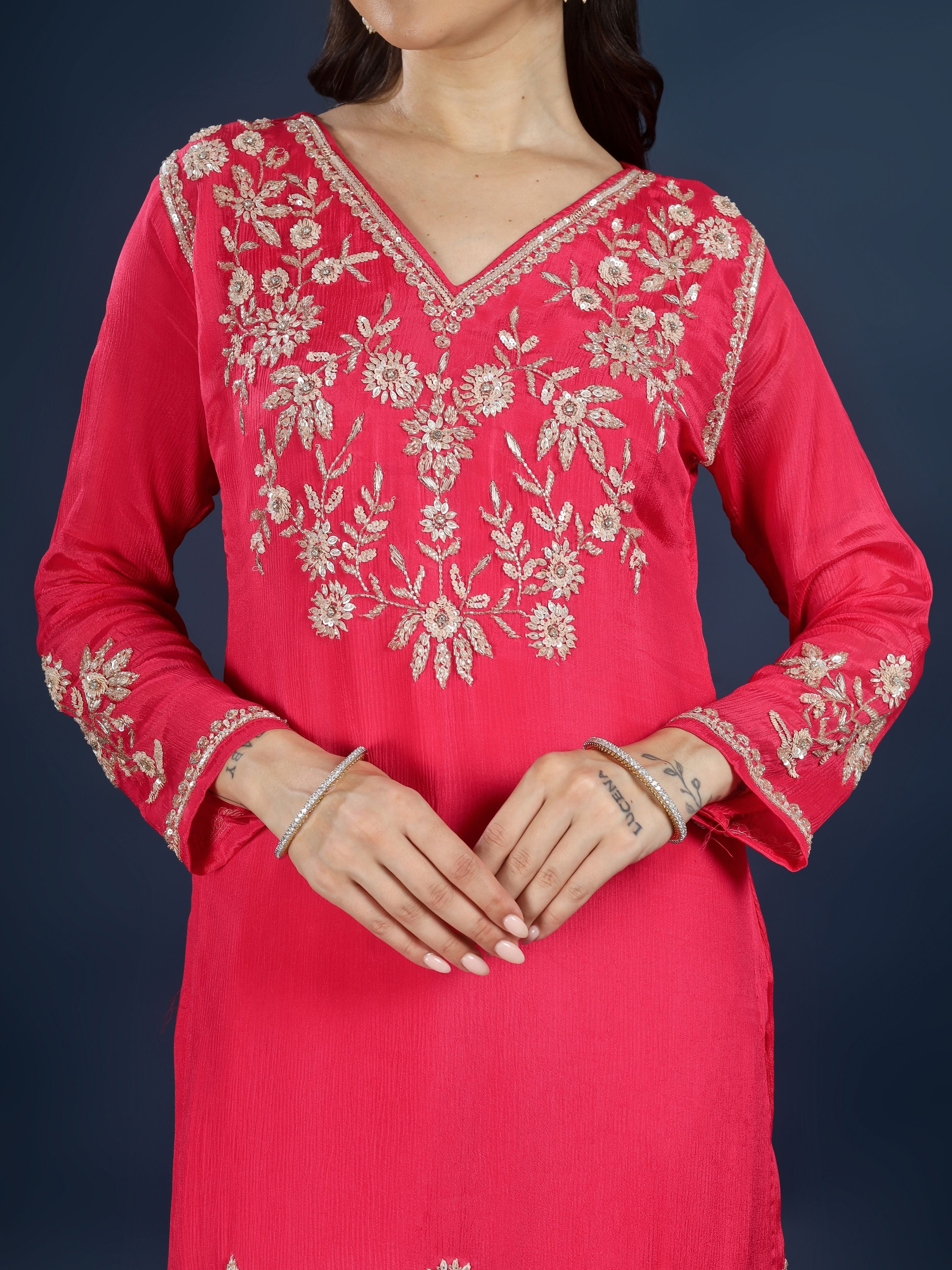 Red Chinon Palazzo Suit Set with Cutdana and Sequins Embroidery