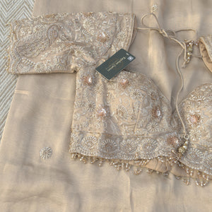 Fawn Tissue Saree Embellished With Zari, Sequins & Cut Dana Work