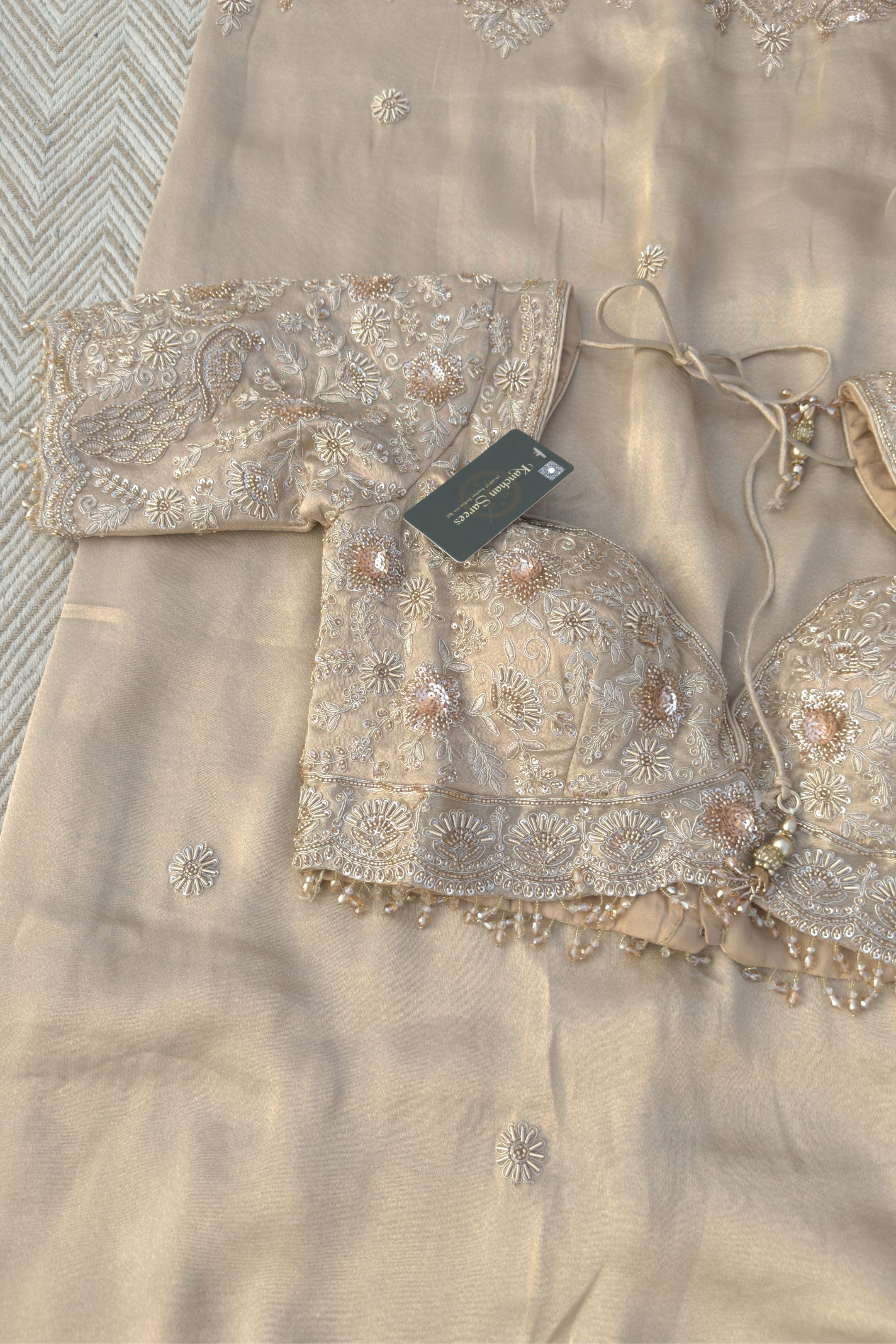 Fawn Tissue Saree Embellished With Zari, Sequins & Cut Dana Work