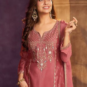 Rose Pink Chinon Suit, Sharara And Dupatta with Zari, Cutdana, Sequins and Mirror Work