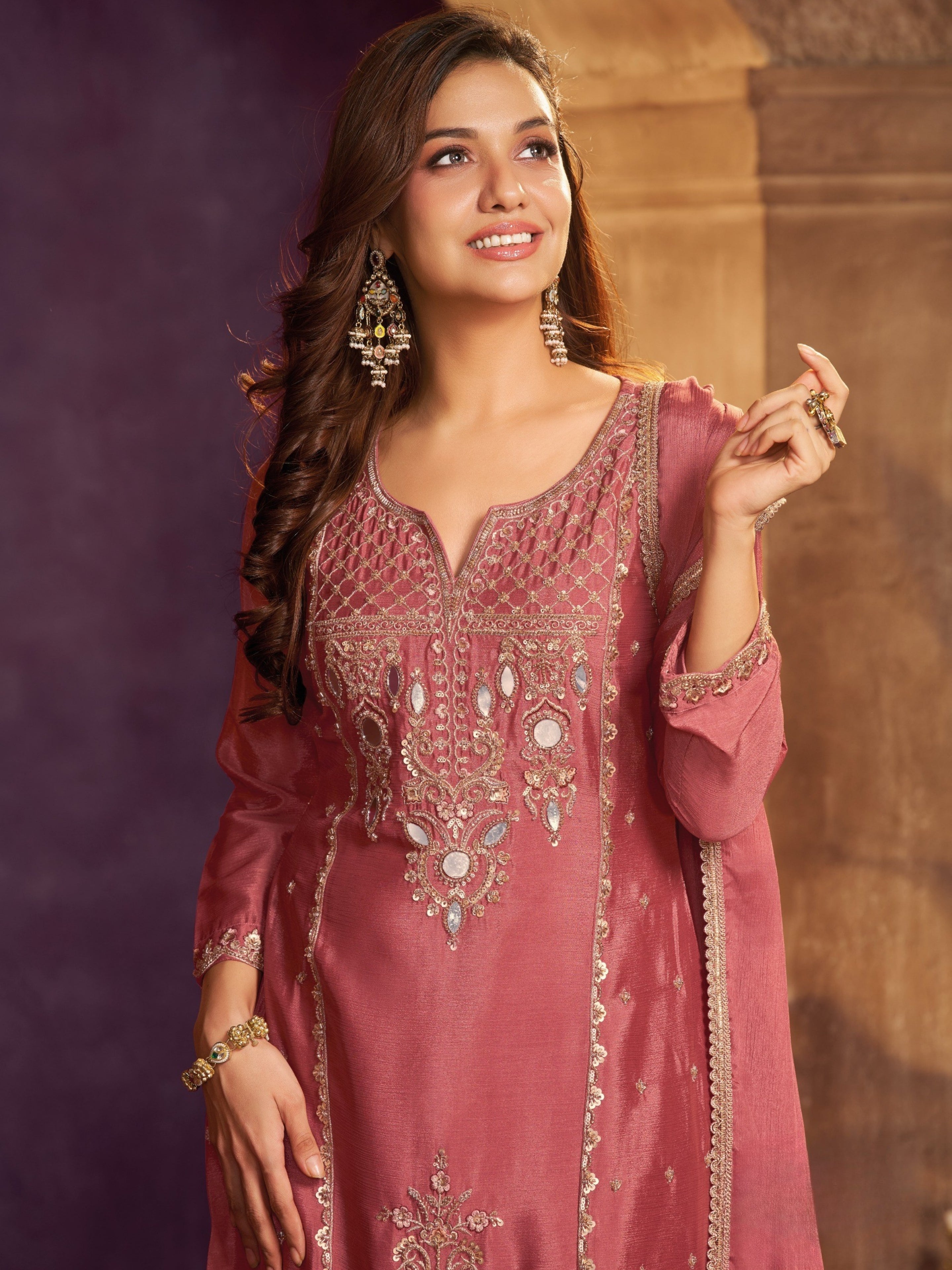 Rose Pink Chinon Suit, Sharara And Dupatta with Zari, Cutdana, Sequins and Mirror Work
