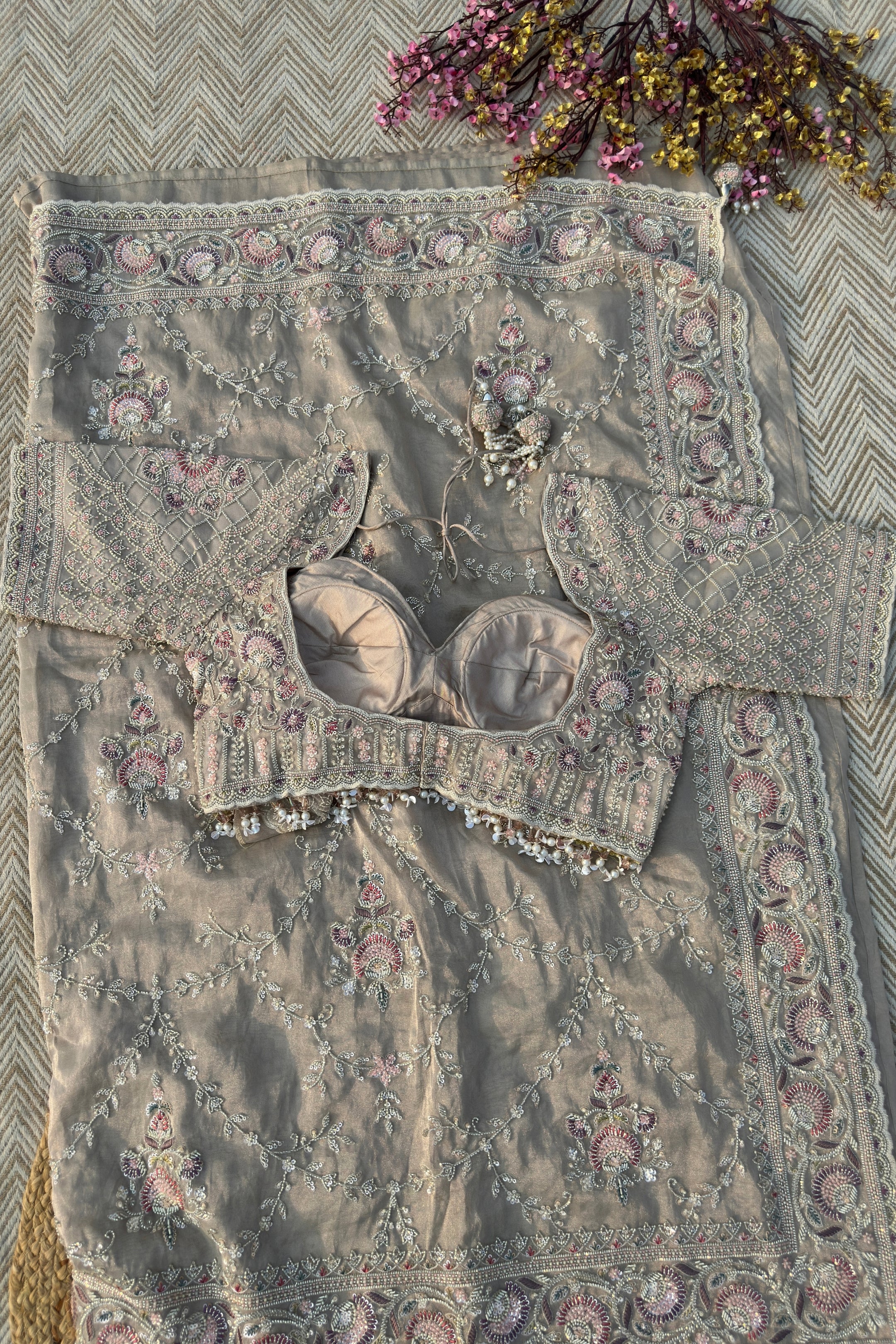 Tussar Tissue Saree Embellished With Sequins & Cut Dana Work