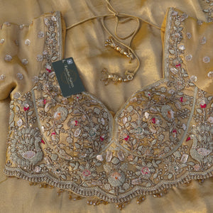 Golden Tissue Saree Embellished With Moti, Zari, Sequins & Cut Dana Work