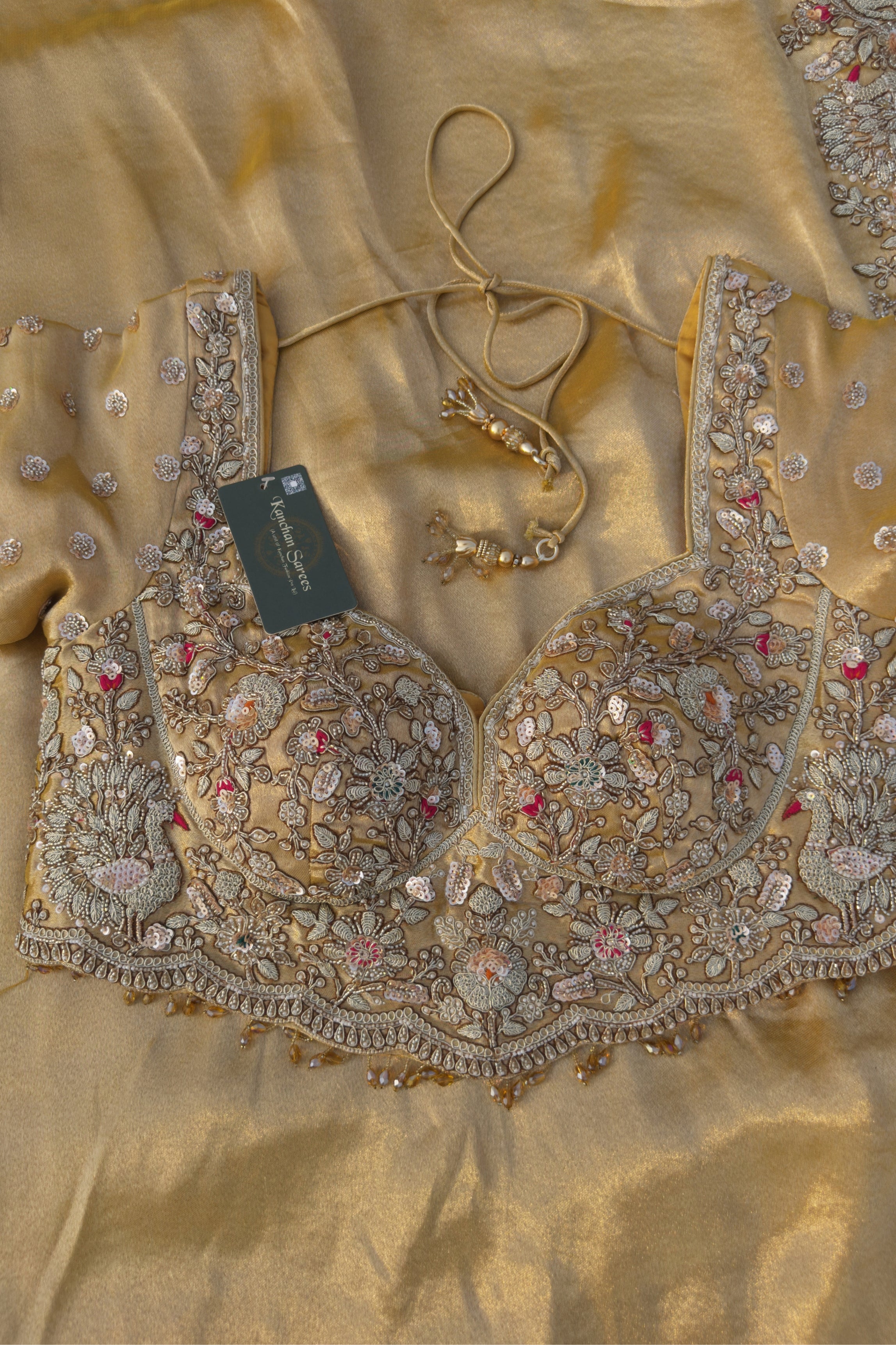 Golden Tissue Saree Embellished With Moti, Zari, Sequins & Cut Dana Work