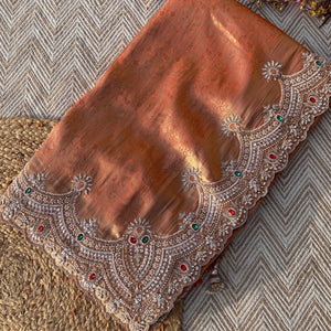 Rust Tissue Unstitched Saree Embellished With Moti, Sequins, Dabka & Cutdana