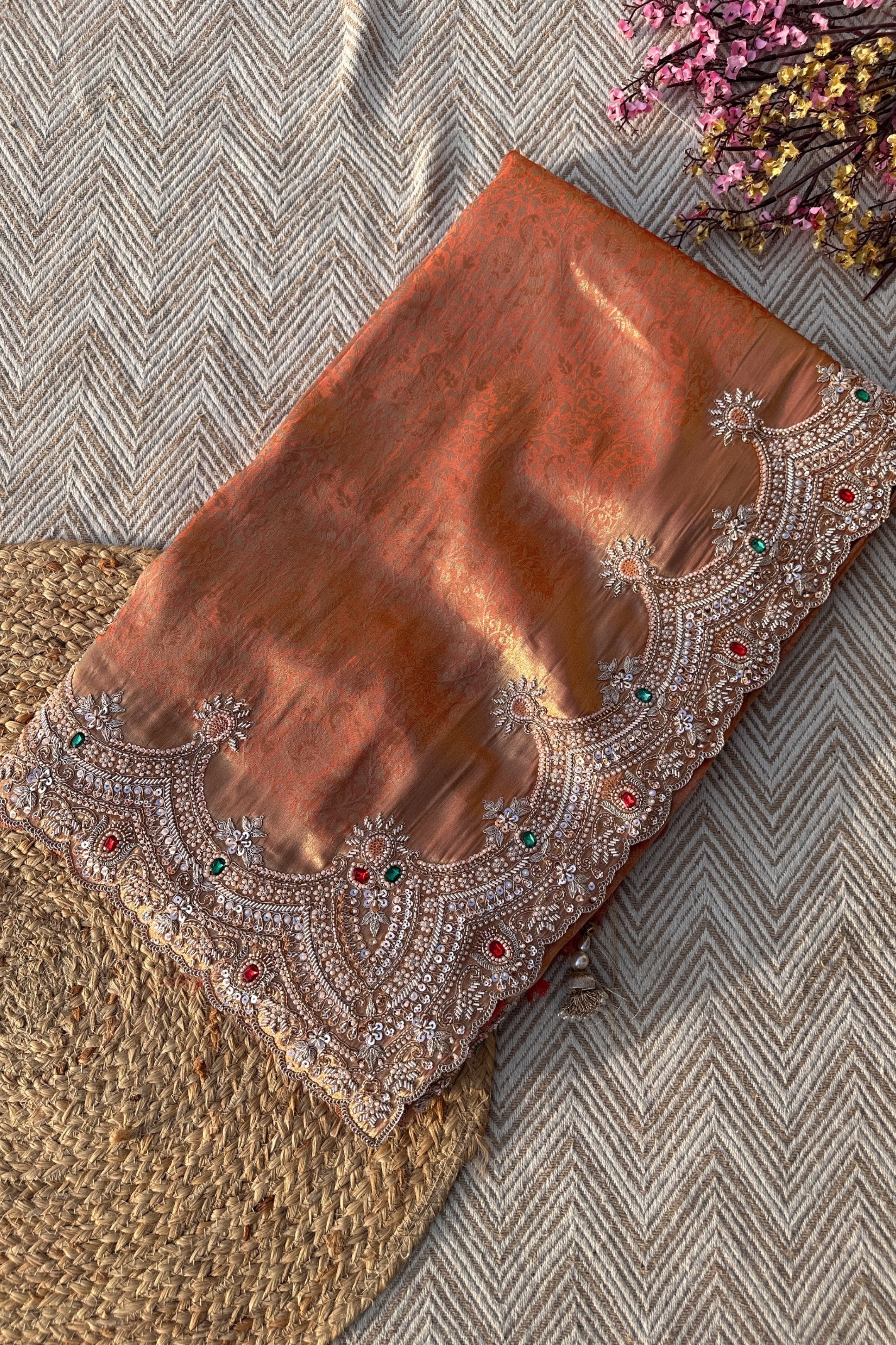 Rust Tissue Unstitched Saree Embellished With Moti, Sequins, Dabka & Cutdana