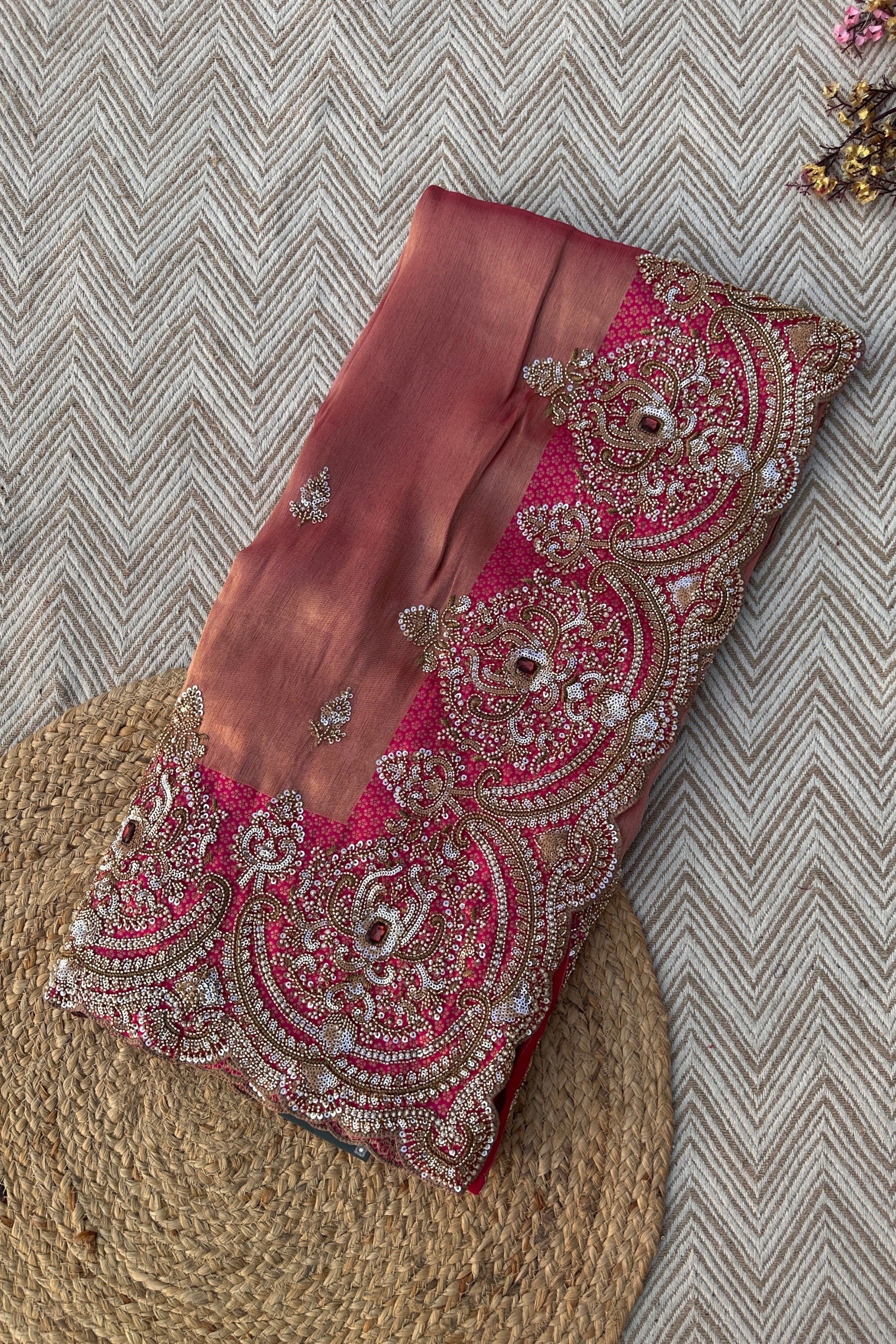 Fuchsia Brocade Saree Embellished With Cutdana, Sequins & Moti work
