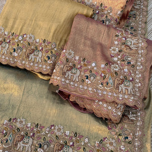 Green Brocade Unstitched Saree Embellished With Moti, Sequins, Cutdana, Thread& Jarkan Work