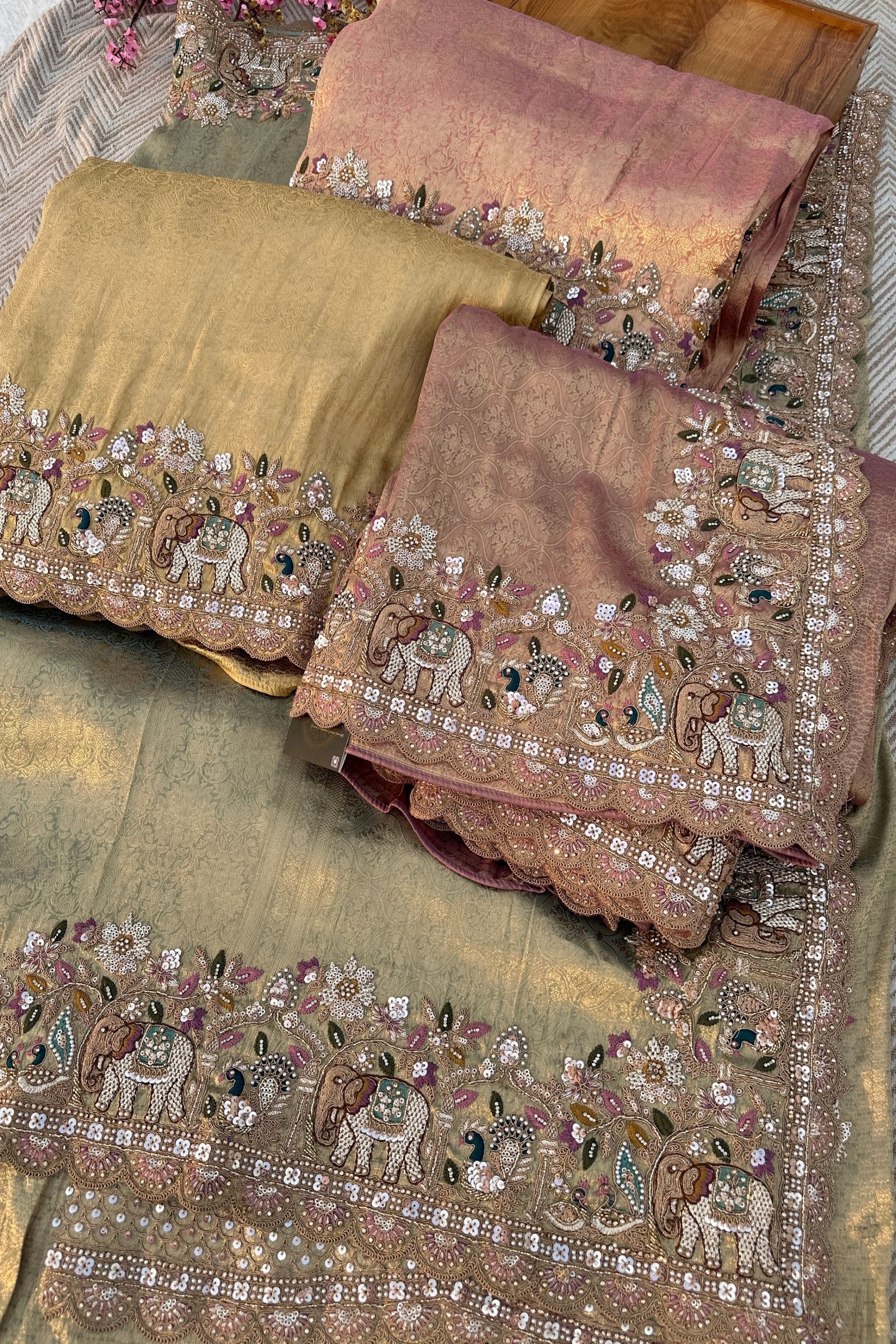 Green Brocade Unstitched Saree Embellished With Moti, Sequins, Cutdana, Thread& Jarkan Work